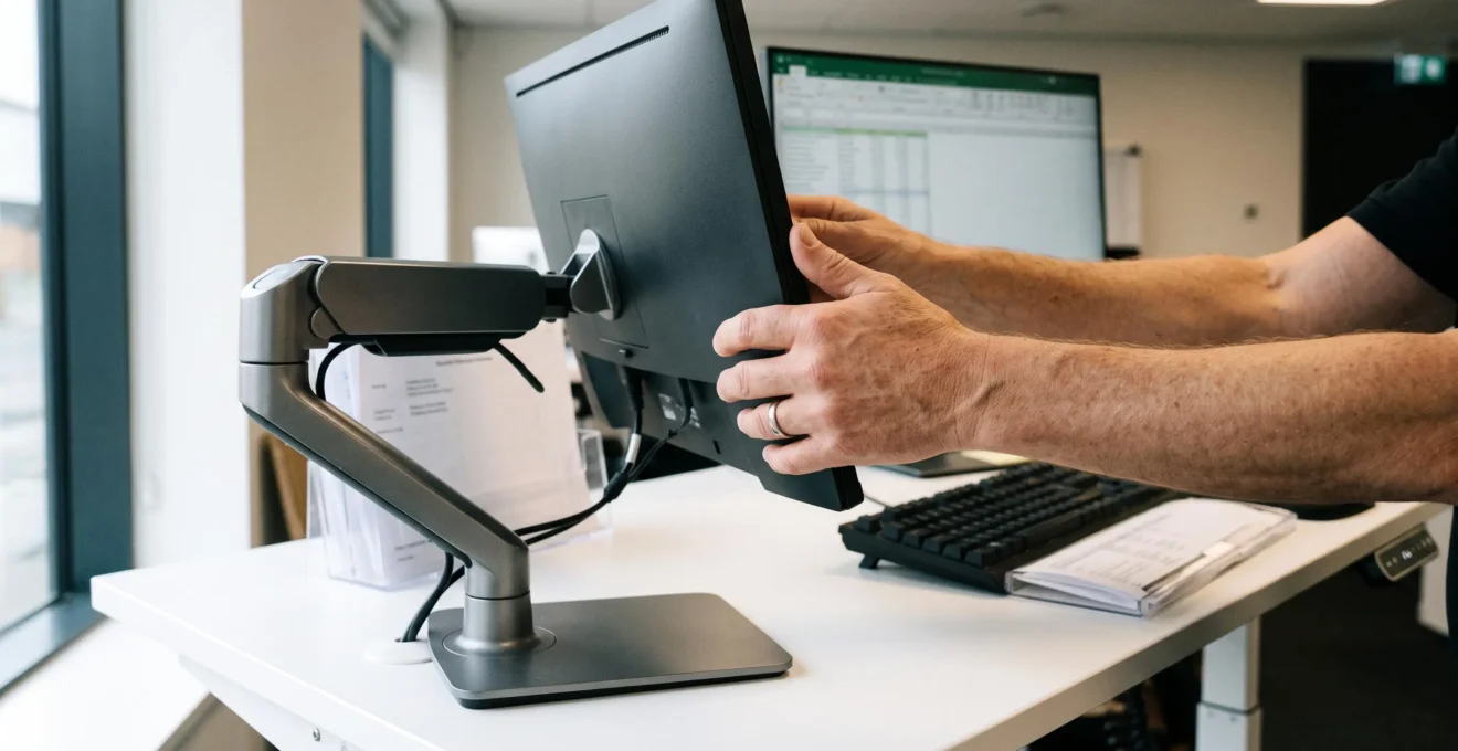 Mains ajustant la hauteur et l'inclinaison d'un écran d'ordinateur sur un bureau professionnel pour améliorer l'ergonomie visuelle