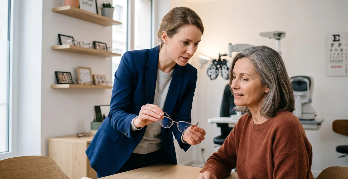 Opticien présentant et expliquant des lunettes progressives adaptées au travail sur écran à un client d'âge mûr dans un cabinet d'optique moderne