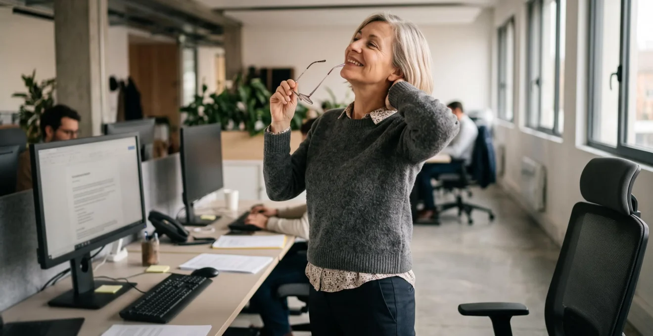 Professionnel d'âge mûr debout s'étirant et retirant ses lunettes pour une pause visuelle après un travail prolongé sur ordinateur