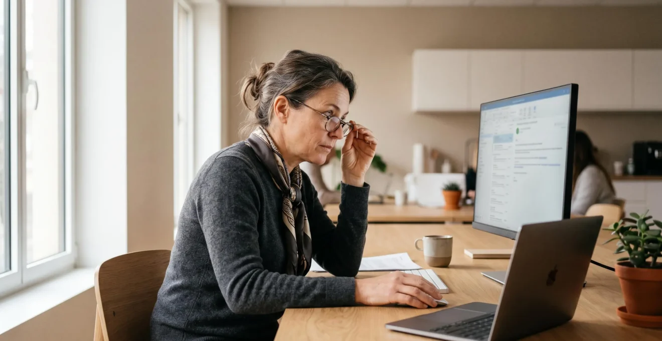 Professionnel d'âge mûr se penchant légèrement vers son écran d'ordinateur dans un bureau moderne pour compenser une difficulté de vision liée à la presbytie