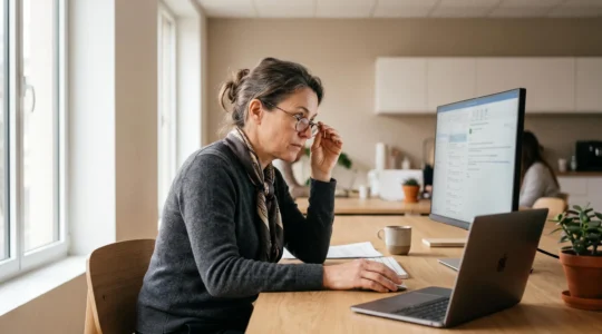 Professionnel d'âge mûr se penchant légèrement vers son écran d'ordinateur dans un bureau moderne pour compenser une difficulté de vision liée à la presbytie